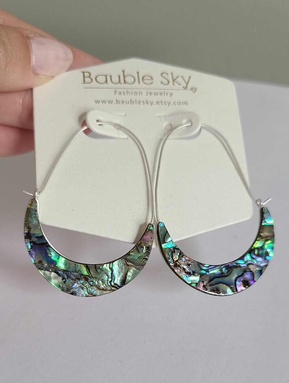 Summer Blue Abalone Shell Oval Drop Open Hoop Long Drop Earrings